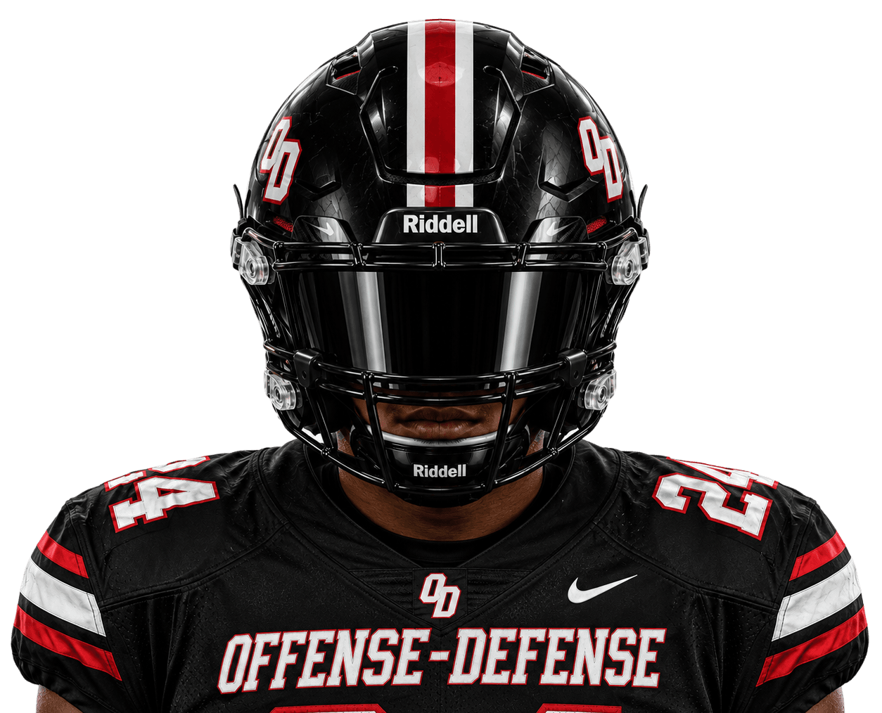 An Offense-Defense player in helmet and game jersey