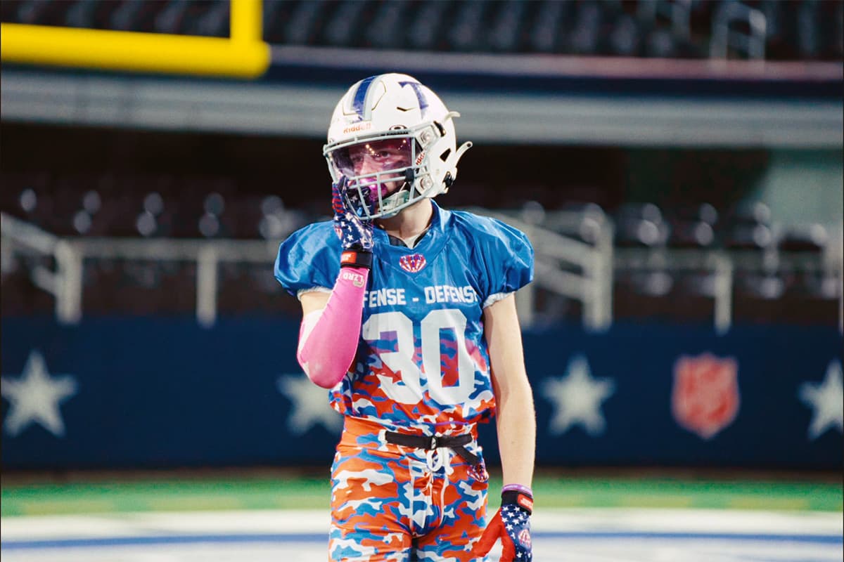 An All-American Bowl player in uniform on the field